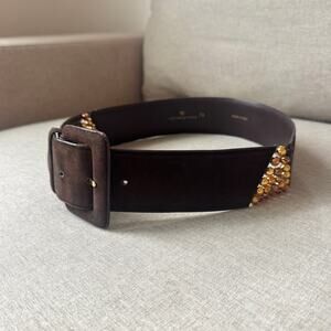 Valentino Garavani Brown Suede Gold Embellished Wide Belt Leather V Bead Accent